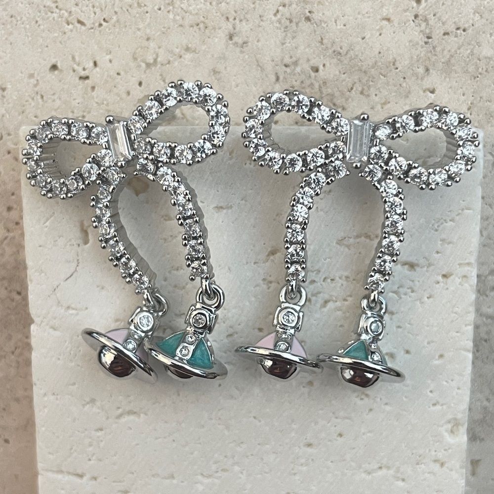 Vivienne Westwood Bow Orb Earrings Crystal Saturn Dangle Silver Tone